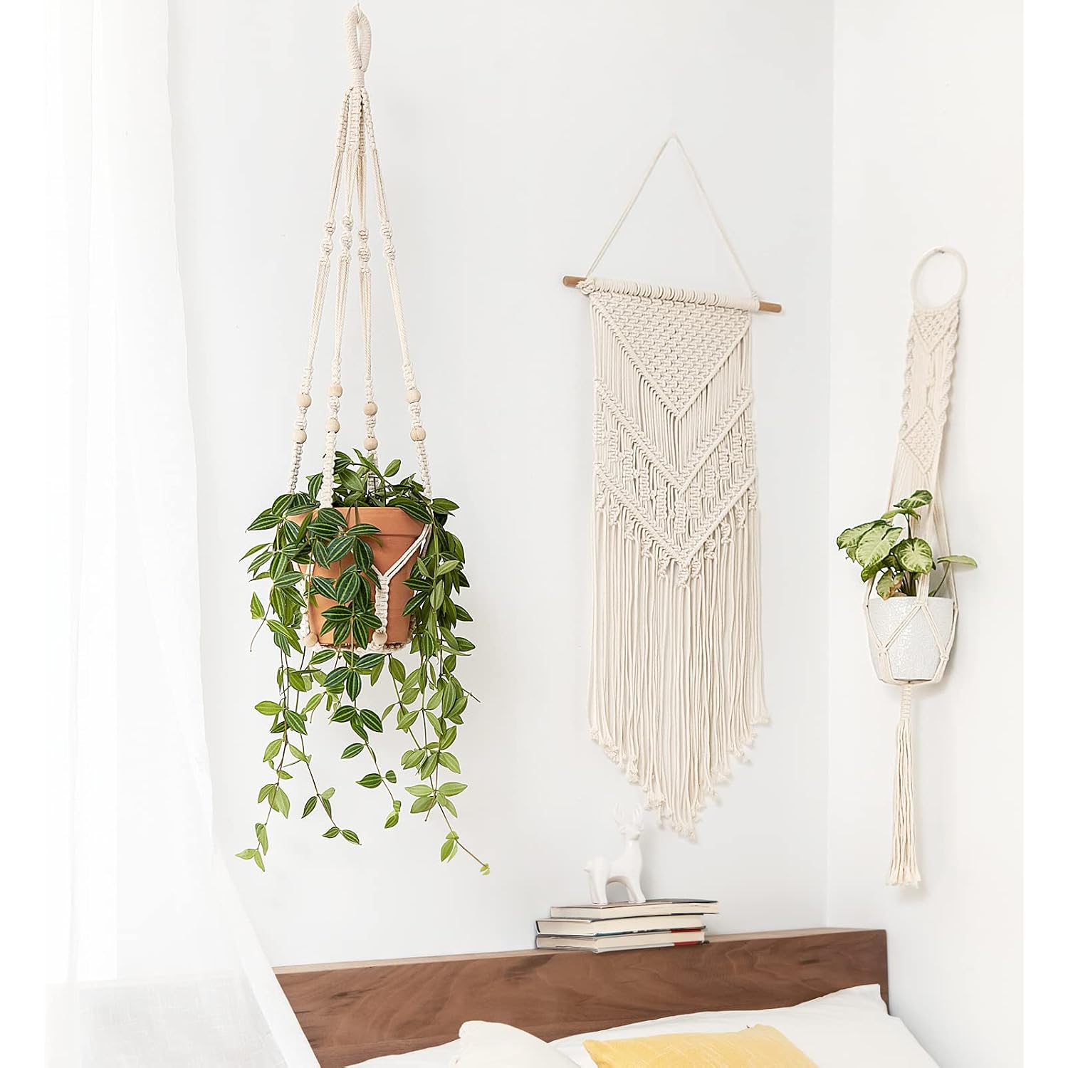 Mkono Macrame Plant Hanger Indoor Hanging Planter Basket With Wood Beads Decorative Flower Pot Holder No Tassels For Indoor Outdoor Boho Home Decor 35 Inch, Ivory, Set Of 1 (Pots Not Included)