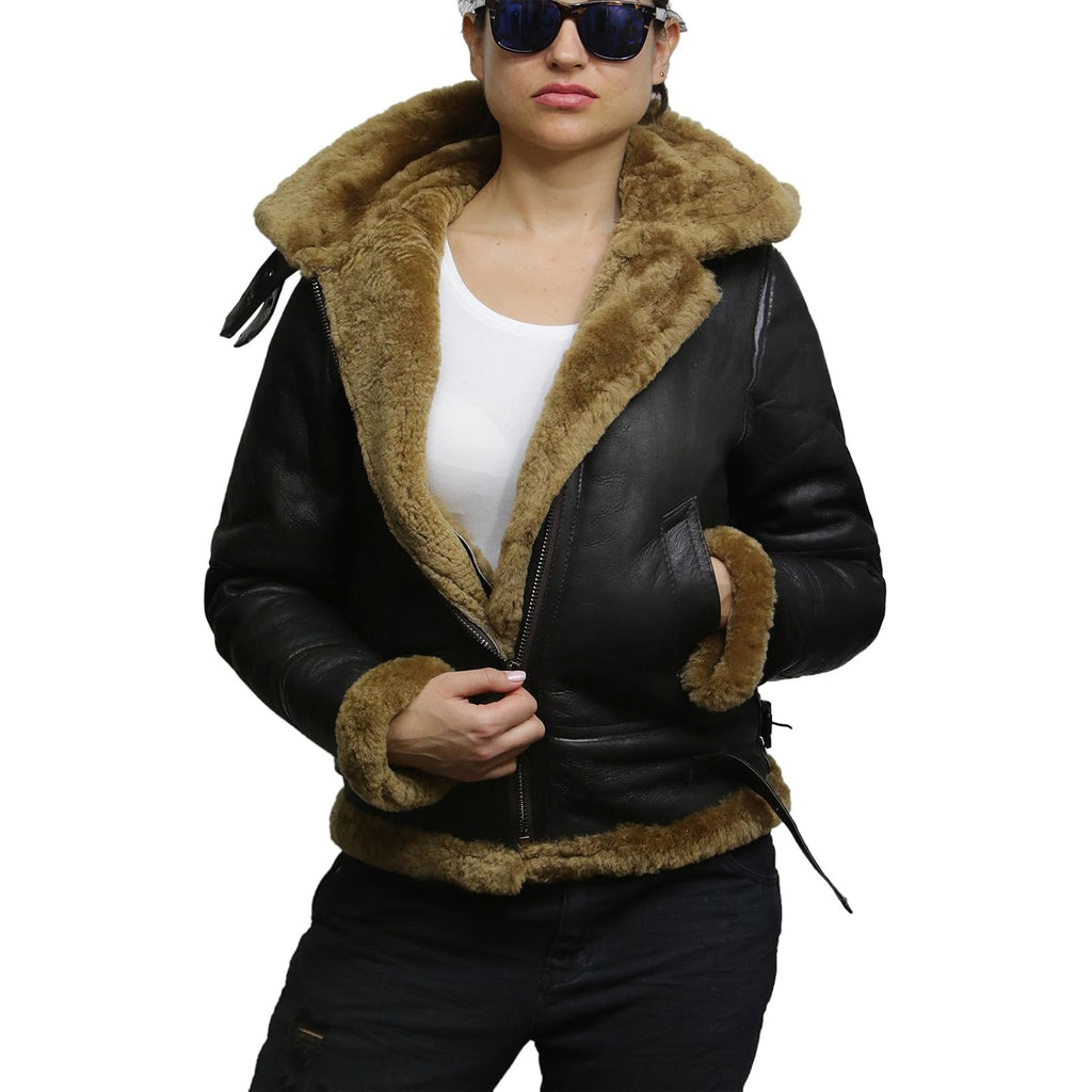 Brandslock Women'S Genuine Sheepskin Leather Flying Aviator Winter Jacket With Hood