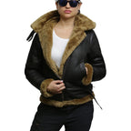 Brandslock Women'S Genuine Sheepskin Leather Flying Aviator Winter Jacket With Hood