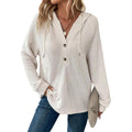Zaswen Hoodies For Women Waffle Knit Long Sleeve Drawstring Pullover Sweatshirt Button V Neck Solid Color Casual Hooded Tops