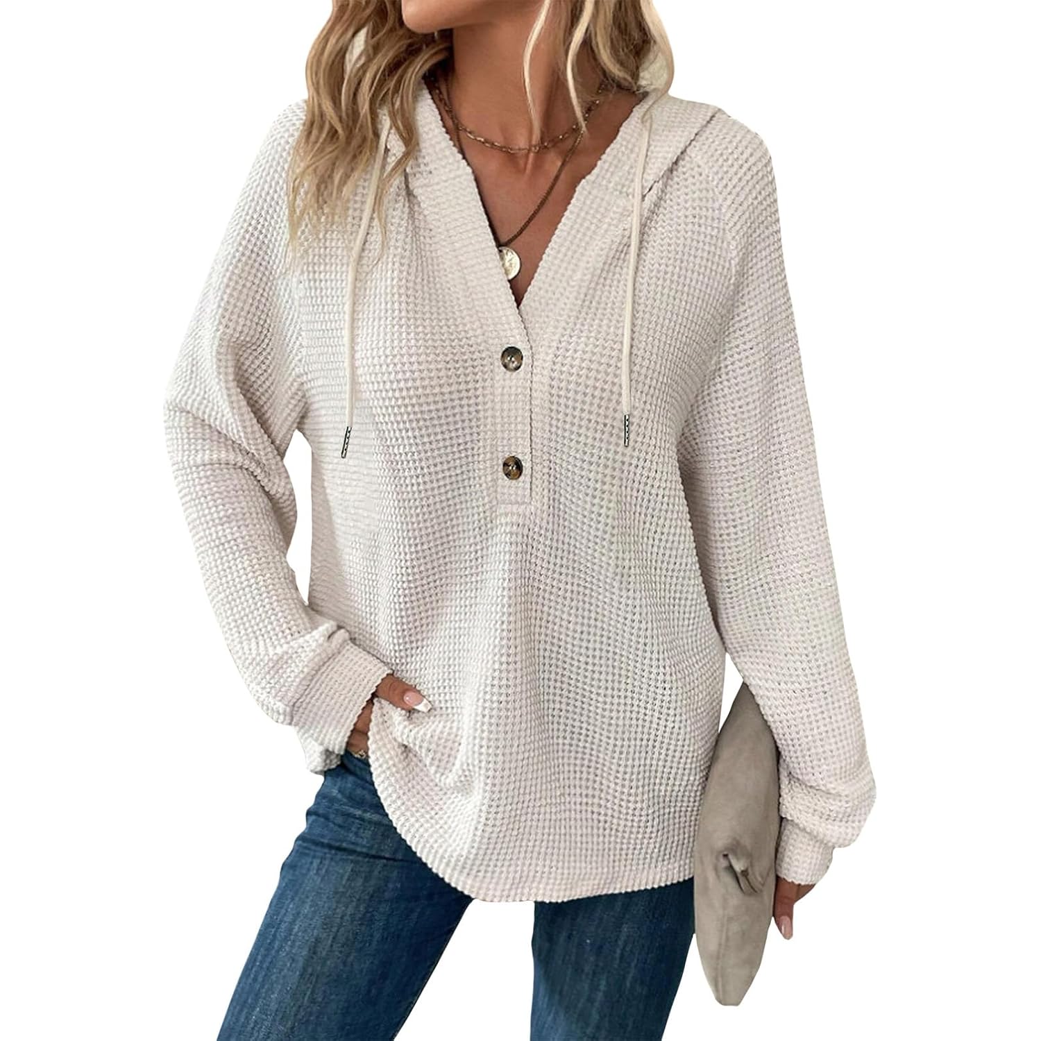 Zaswen Hoodies For Women Waffle Knit Long Sleeve Drawstring Pullover Sweatshirt Button V Neck Solid Color Casual Hooded Tops