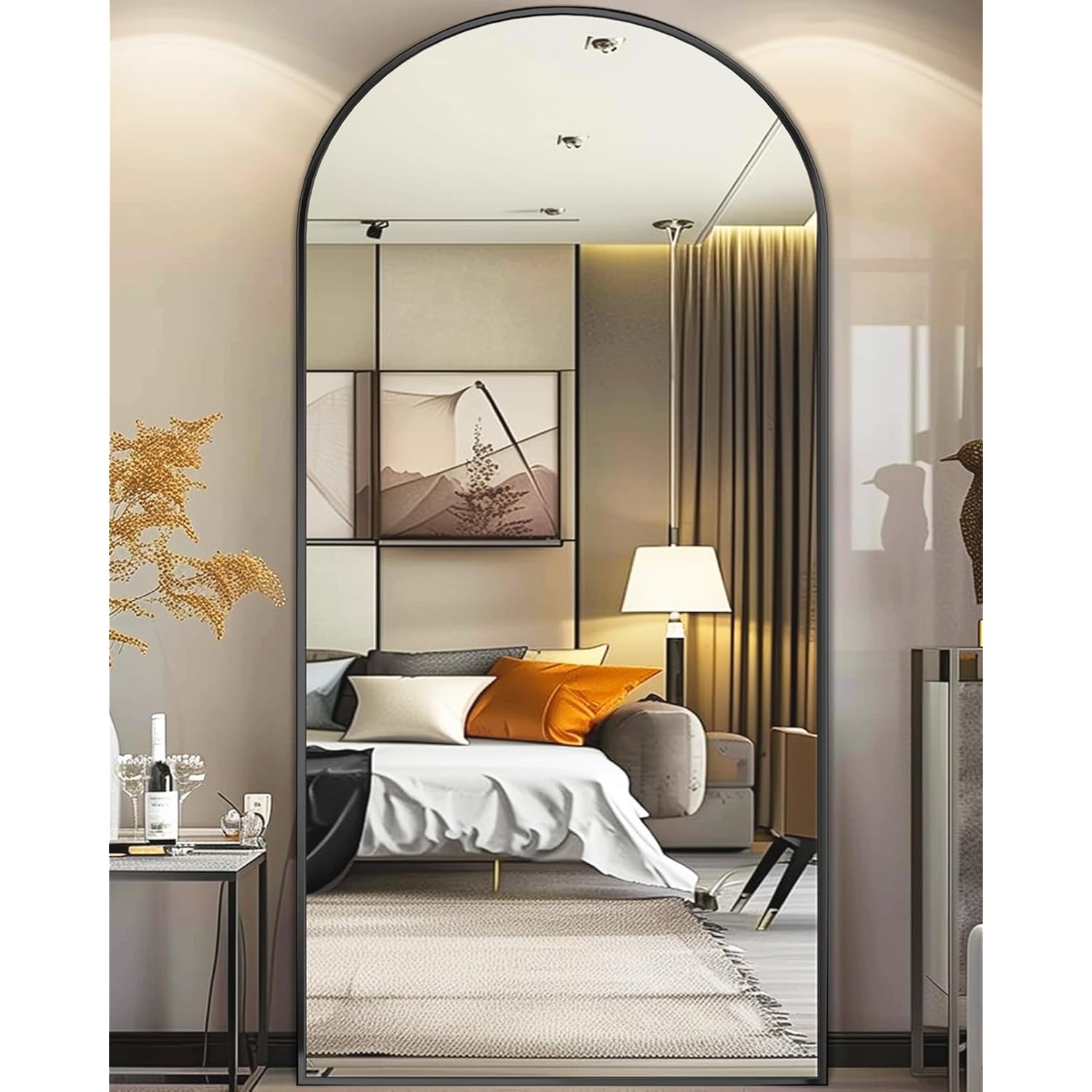 Antok Oversized Full Length Mirror With Stand, 81"X41" Arched Floor Mirror, Aluminum Frame, Wall Mounted/Leaning/Free Standing, Large Body Mirror For Bedroom Living Room Entryway Dressing Room,Black