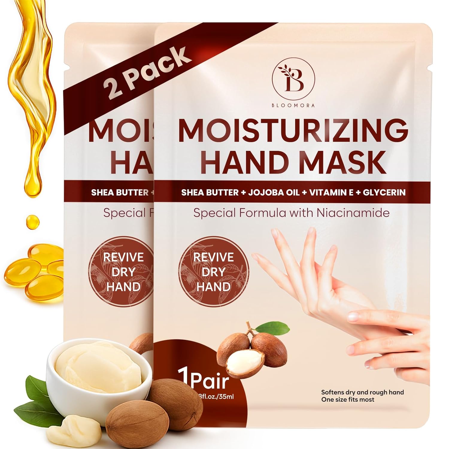 Repairing Hand Mask for Dry Cracked Hands, Hand Masks with Shea Butter, Jojoba Oil & Vitamin E, Moisturizing Gloves, Skin Care Gifts for Women & Men, Self Care Gifts for Women (2 Pairs) - PAC2