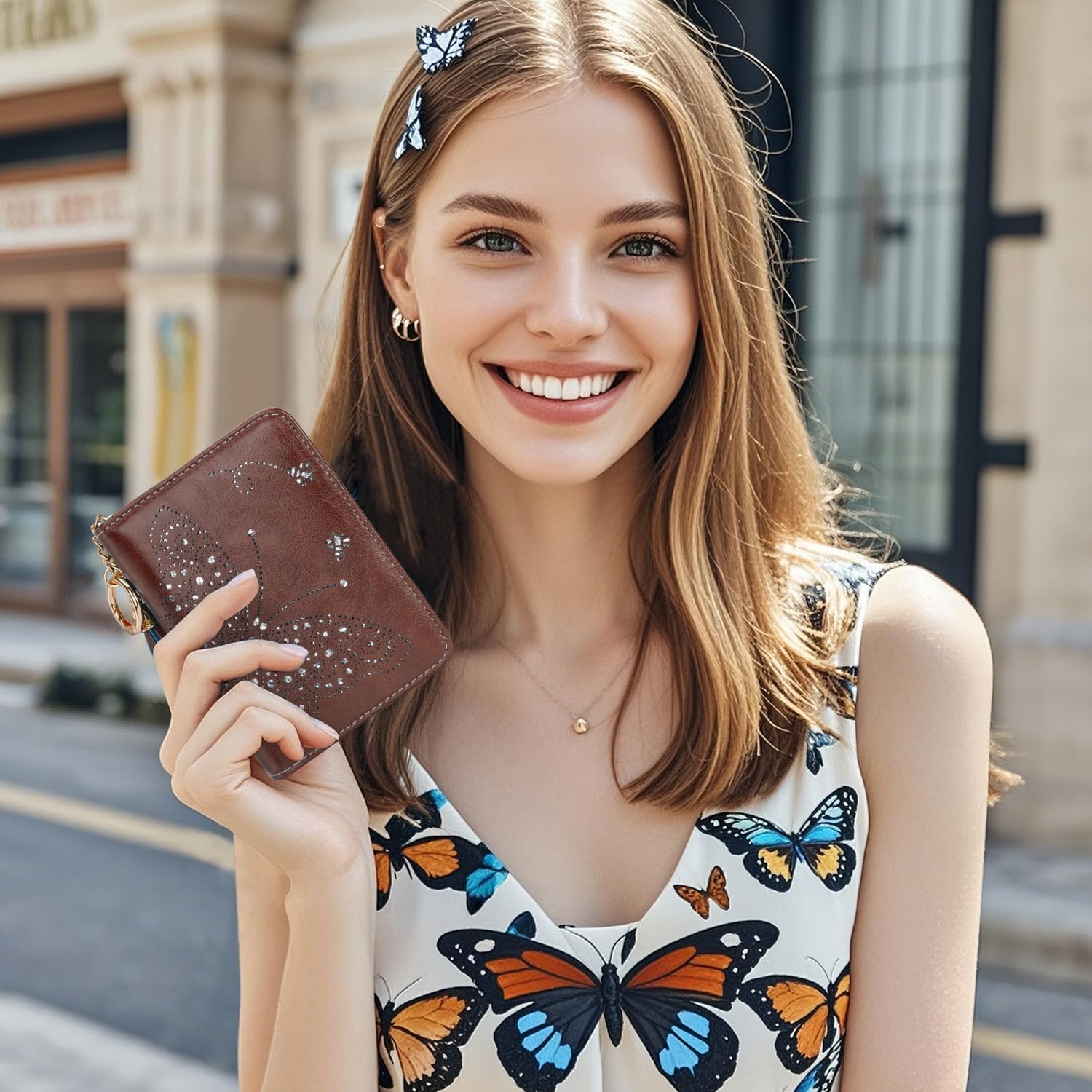 KITEVIUN Women RFID Blocking Small Bifold Wallet, Compact Cash Clutch with Zipper Coin Pocket, Glittery Butterfly Design, Credit Card Holder, Travel Purse with Tassel COFFEE
