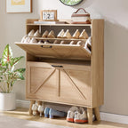LEYAOYAO Shoe Cabinet Storage for Entryway with 2 Flip Drawers Rack Narrow Organizer Slim Hidden Wood Shoe Cabinet Furniture Natural