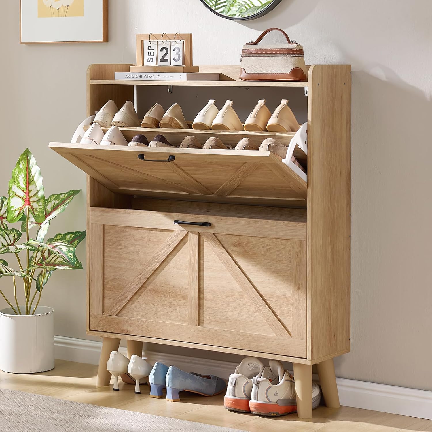 LEYAOYAO Shoe Cabinet Storage for Entryway with 2 Flip Drawers Rack Narrow Organizer Slim Hidden Wood Shoe Cabinet Furniture Natural