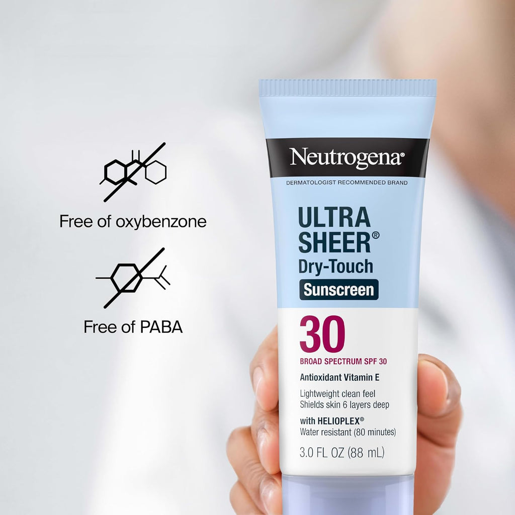 Neutrogena Ultra Sheer Dry-Touch Sunscreen Spf 30 For Face & Body, Lightweight Non Greasy Broad Spectrum Uva/Uvb Protection, No White Cast, Water Resistant (80 Min) Travel Sunscreen Lotion, 3 Fl Oz