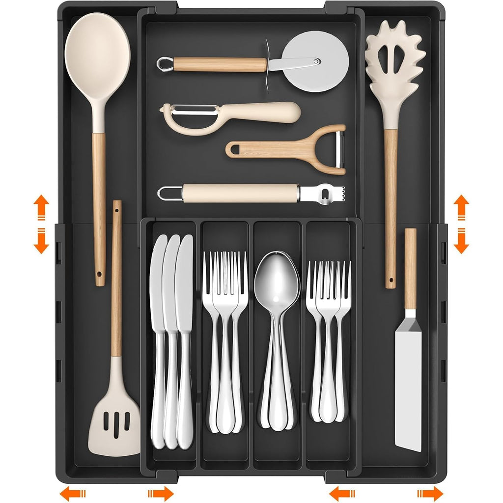 Lifewit Silverware Drawer Organizer, Expandable Utensil Tray For Kitchen, Bpa Free Flatware And Cutlery Holder, Adjustable Plastic Storage For Spoons Forks Knives, 4-7 Slots, Black