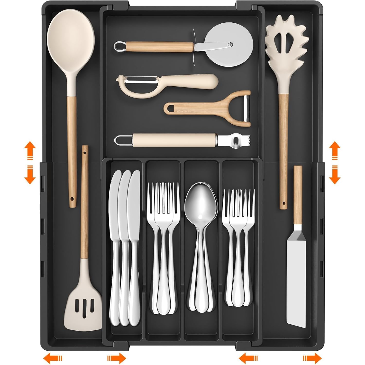 Lifewit Silverware Drawer Organizer, Expandable Utensil Tray For Kitchen, Bpa Free Flatware And Cutlery Holder, Adjustable Plastic Storage For Spoons Forks Knives, 4-7 Slots, Black