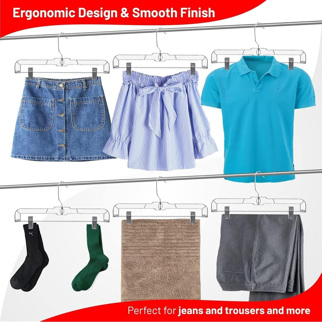 Deilsy™ Pants Hangers With Clips 12 Pack – 14 Inch Clear Plastic Skirt Hangers, 360° Swivel Hook, Clip Hangers For Pants, Skirts, Jeans, Shorts & Trousers – Space Saving, Non-Slip