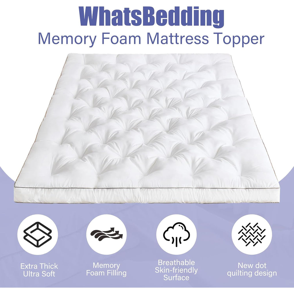 Whatsbedding 4 Inch Memory Foam Mattress Topper Queen For Back Pain Relief, Filled With Breathable Gel Memory Foam, Fluffy Comfort Supportive Pillow Top Mattress Topper, 80X60X4In