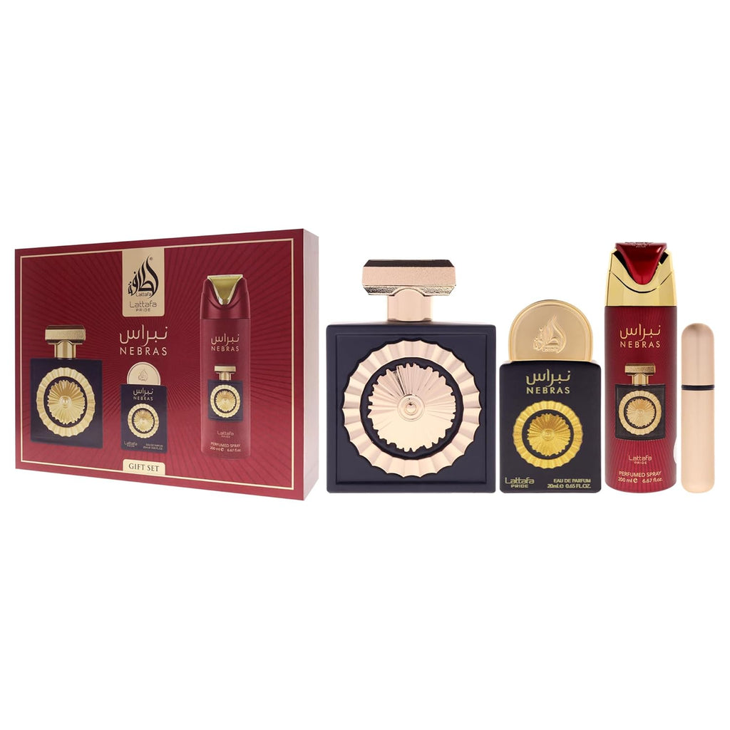 Lattafa Pride Nebras – Fruity, Sweet, Vanilla, Amber – 3-Piece Gift Set for Unisex (3.4 Ounce Eau de Parfum Spray + 0.65 Ounce Eau de Parfum Spray + 6.67 Ounce Deodorant Spray)