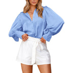 Btfbm Women Satin Blouses Summer Fall Clothes Button Down Lantern Long Sleeve Shirts Work Business Casual Dressy Tops