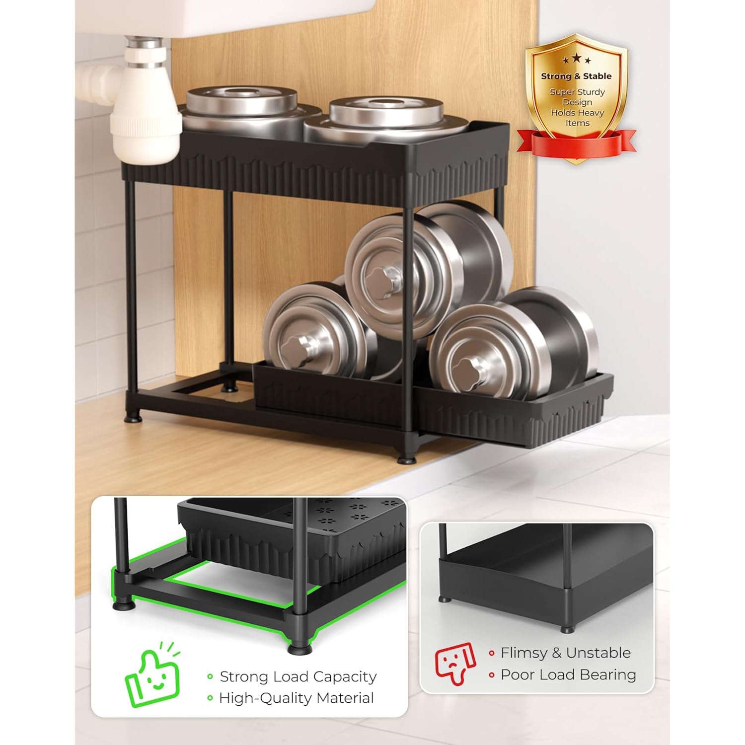 Sevenblue 3 Pack Under Sink Organizers,2-Tier Multi-Use Kitchen and Bathroom Organizers and Storage with Sliding Drawers,Bathroom Cabinet Organizer (Black,12.8 Inch)