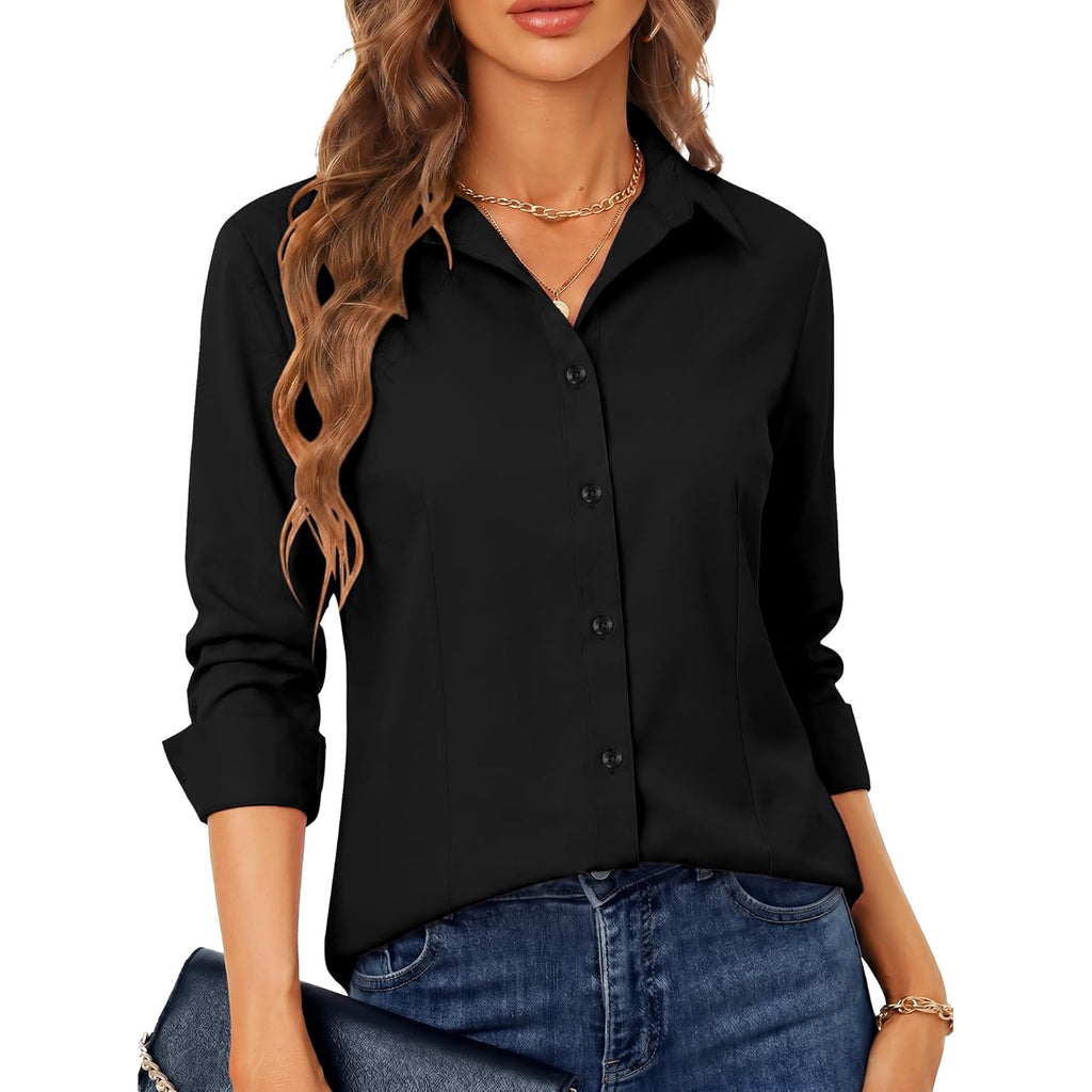 Regular, Petite & Tall XS-6XL Women's Stretch Long Sleeve Button Down Dress Shirts Solid Business Casual Work Blouse