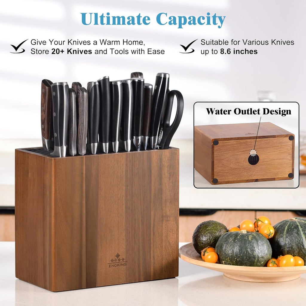 Xxl Acacia Wood Knife Holder – Large Universal Knife Block With Blade-Protecting Slots, Holds 26+ Knives, Scissors, And Sharpening Rods, Space-Saving Kitchen Storage Organizer