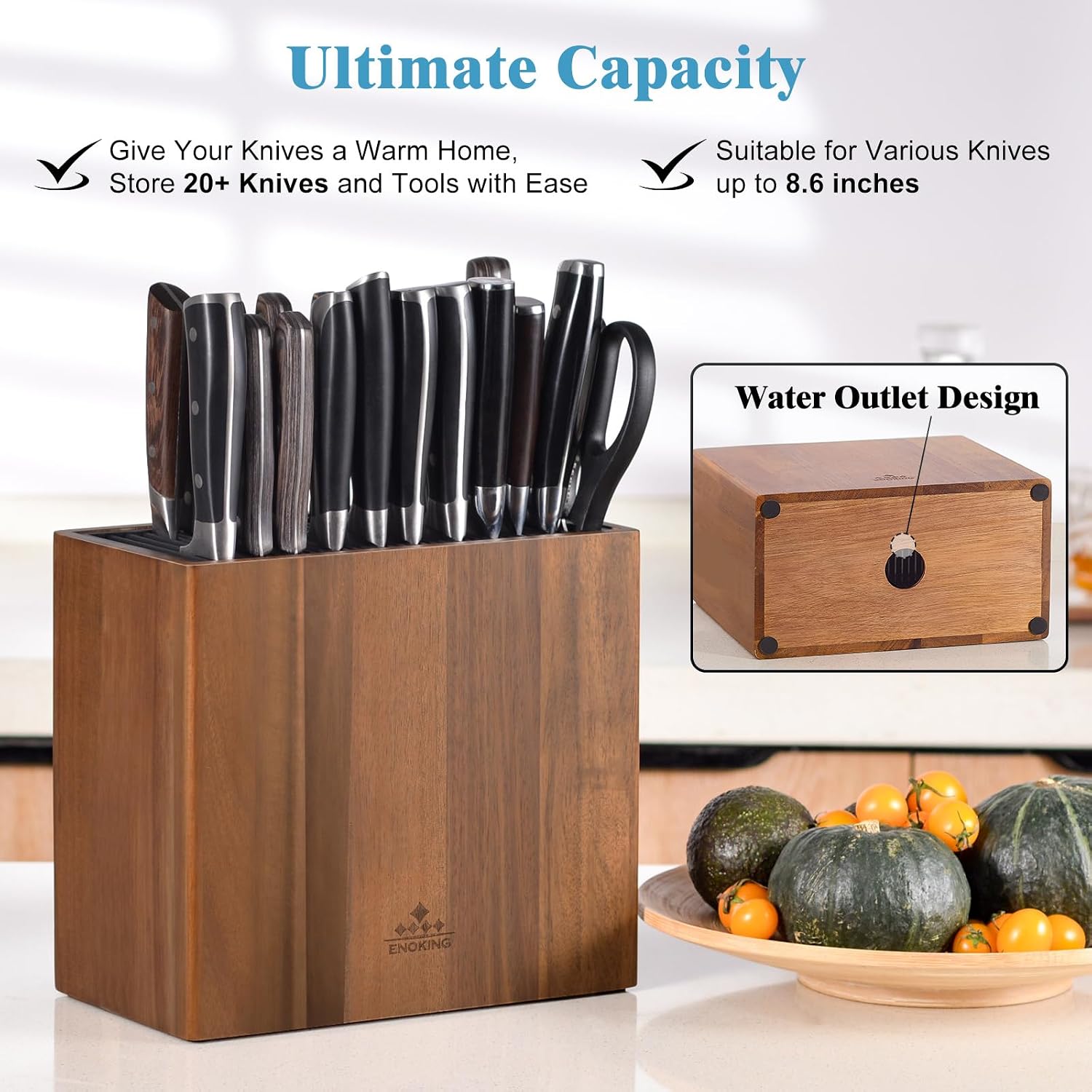 Xxl Acacia Wood Knife Holder – Large Universal Knife Block With Blade-Protecting Slots, Holds 26+ Knives, Scissors, And Sharpening Rods, Space-Saving Kitchen Storage Organizer