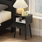 Nightstands Set Of 2, Small Side Table, Bedside Table With Fluted Door, Solid Wood Feet, Modern Mid-Century End Table For Bedroom, Small Space, Black