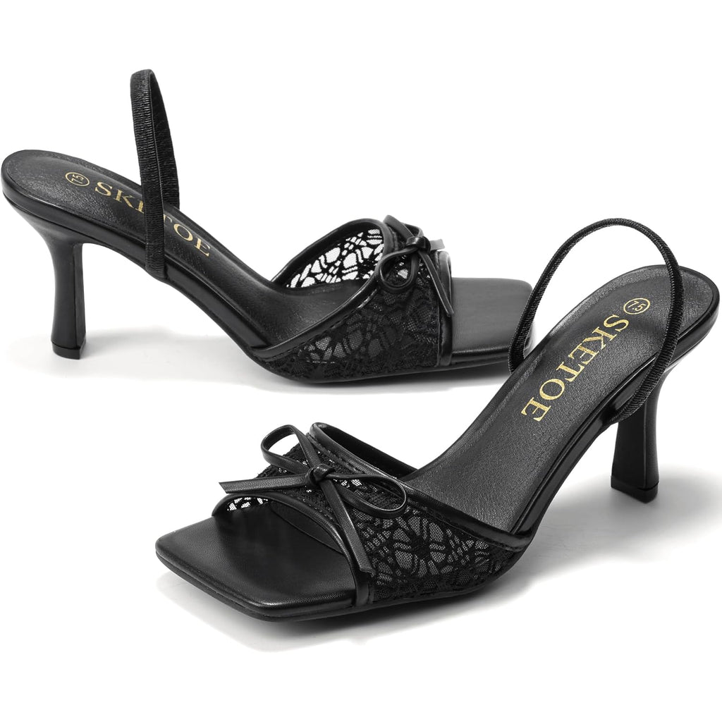 Bow Kitten Heels For Women Square Toe Mesh Sandals Knots Heels Open Toe Dressy For Wedding Party