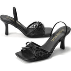 Bow Kitten Heels For Women Square Toe Mesh Sandals Knots Heels Open Toe Dressy For Wedding Party