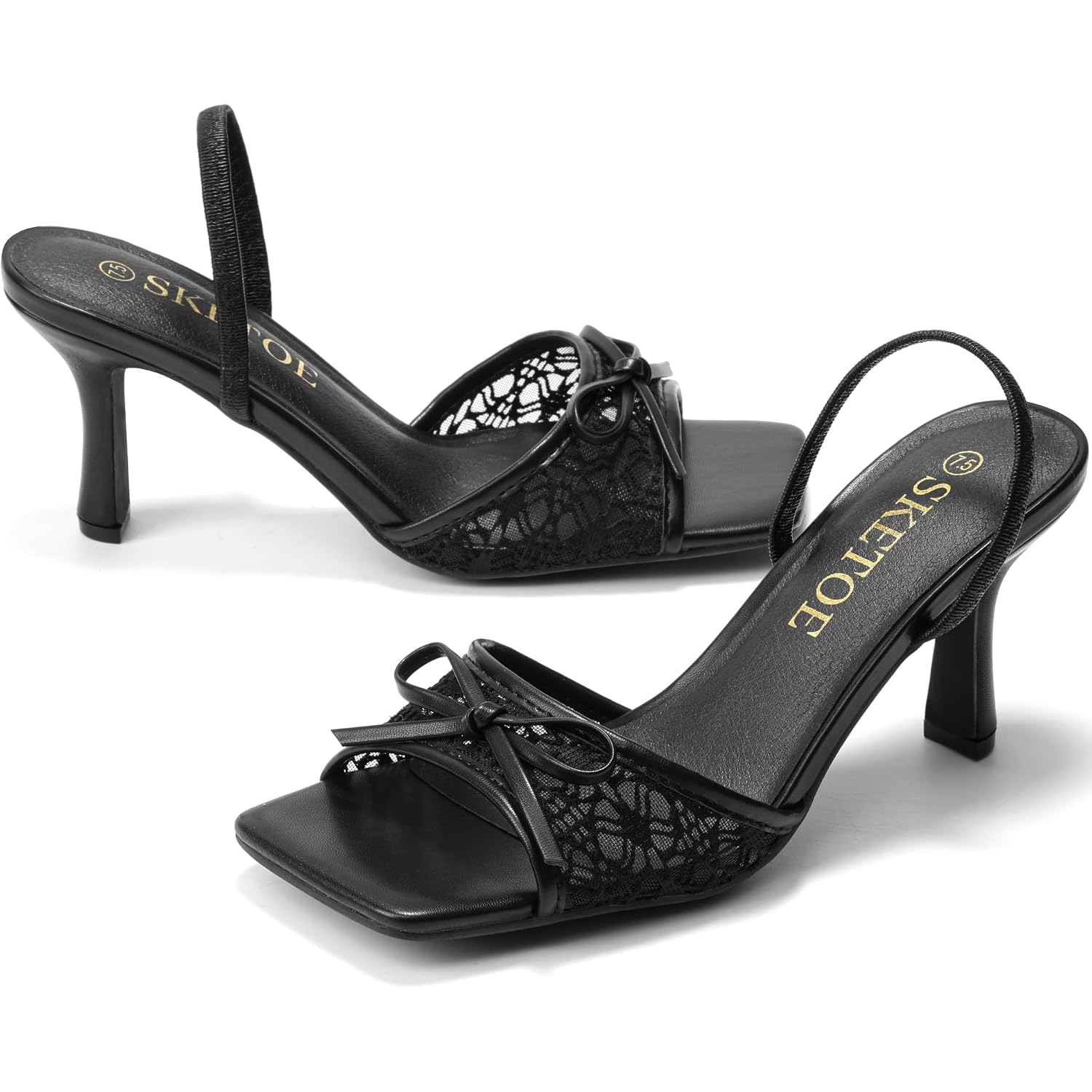 Bow Kitten Heels For Women Square Toe Mesh Sandals Knots Heels Open Toe Dressy For Wedding Party