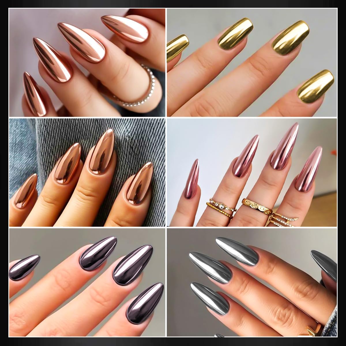 6 Colors Chrome Nail Powder Kit, Rose Gold Bronze Black Chrome Powder for Nails, Magic Mirror Effect Pigment Metallic Rubbing Dust Fine Glitter Powders for Gel Polish Nail Art Decoration