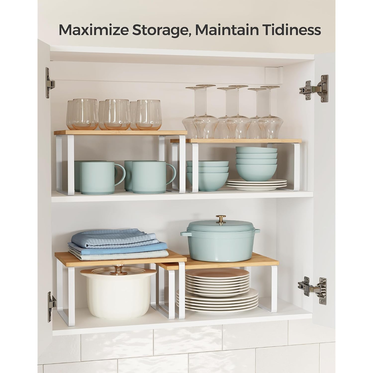Songmics Cabinet Organizer Shelf, Set Of 4 Kitchen Counter Shelves, Kitchen Storage, Spice Rack, Stackable, Expandable, Metal And Engineered Wood, Cloud White And Natural Beige Ukcs010N01