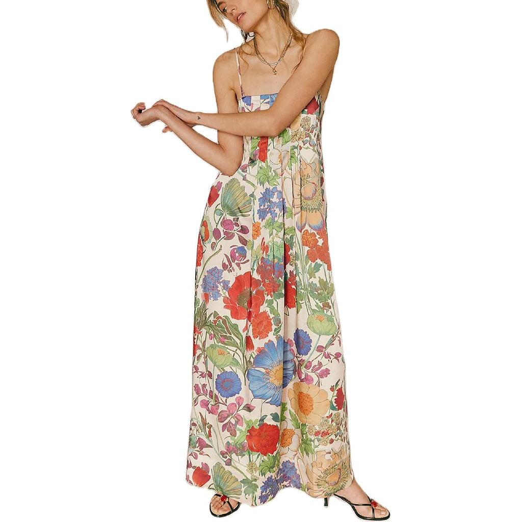 Amiblvowa Women Floral Maxi Dress Sexy Sleeveless Backless A-Line Long Flowy Dress Back Cut Out Spaghetti Strap Sundress