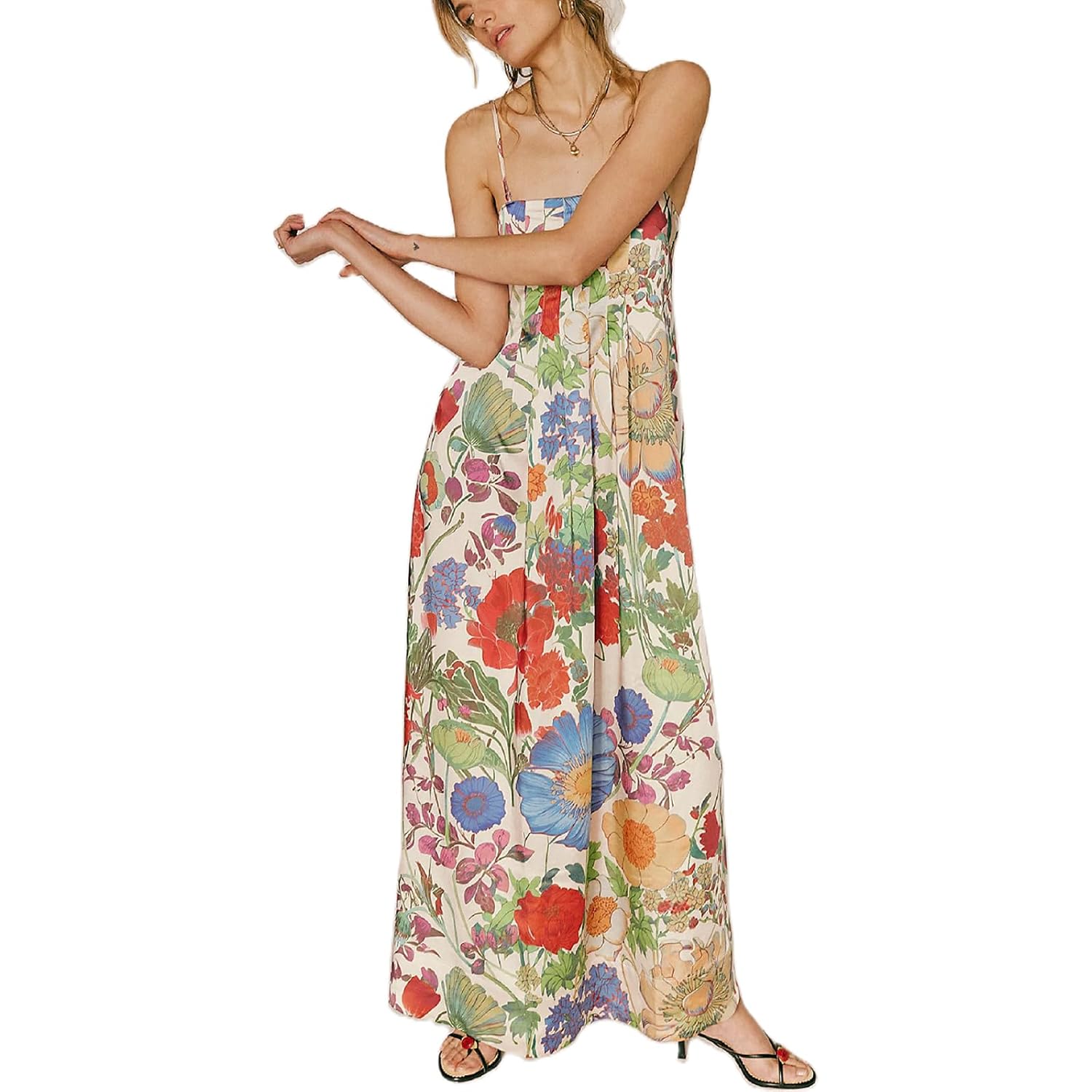 Amiblvowa Women Floral Maxi Dress Sexy Sleeveless Backless A-Line Long Flowy Dress Back Cut Out Spaghetti Strap Sundress