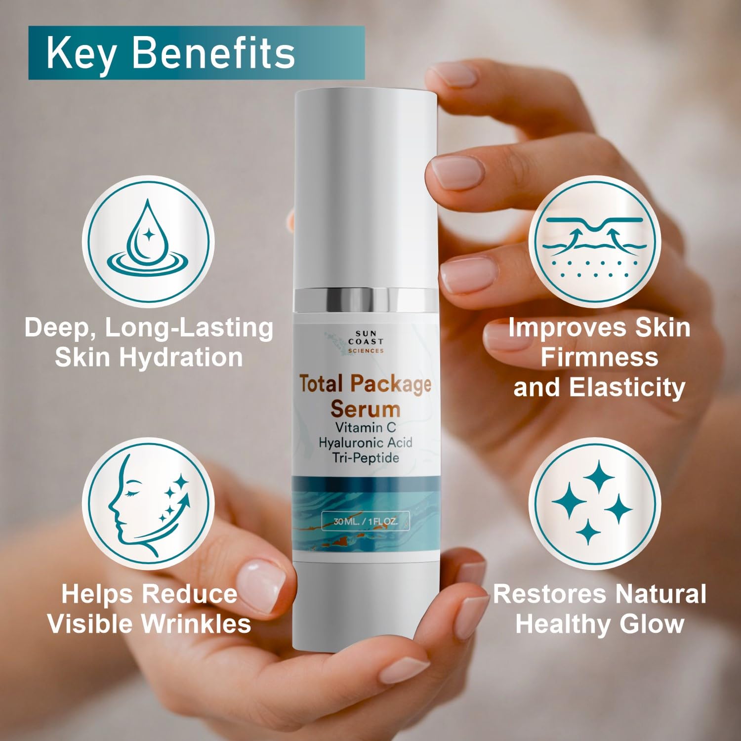 Sun Coast Sciences - Total Package Serum - Vitamin C Serum With Hyaluronic Acid & Peptides For Face - Hydrating Anti Aging Face Serum For Smoother, Firmer Looking Skin - 1 Fl Oz (Pack Of 1)