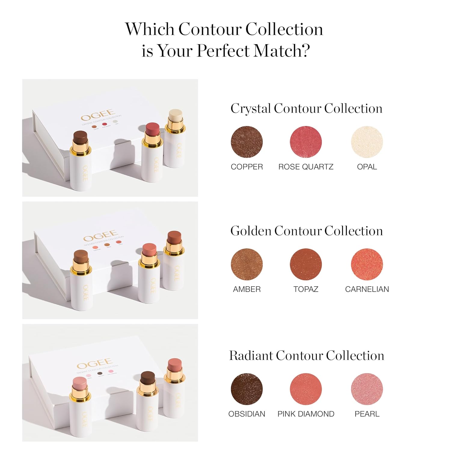 Ogee Face Stick Crystal Collection Trio - Contour Stick Makeup Collection - Certified Organic Contour Palette - Includes Bronzer Stick, Blush Stick & Highlighter Stick