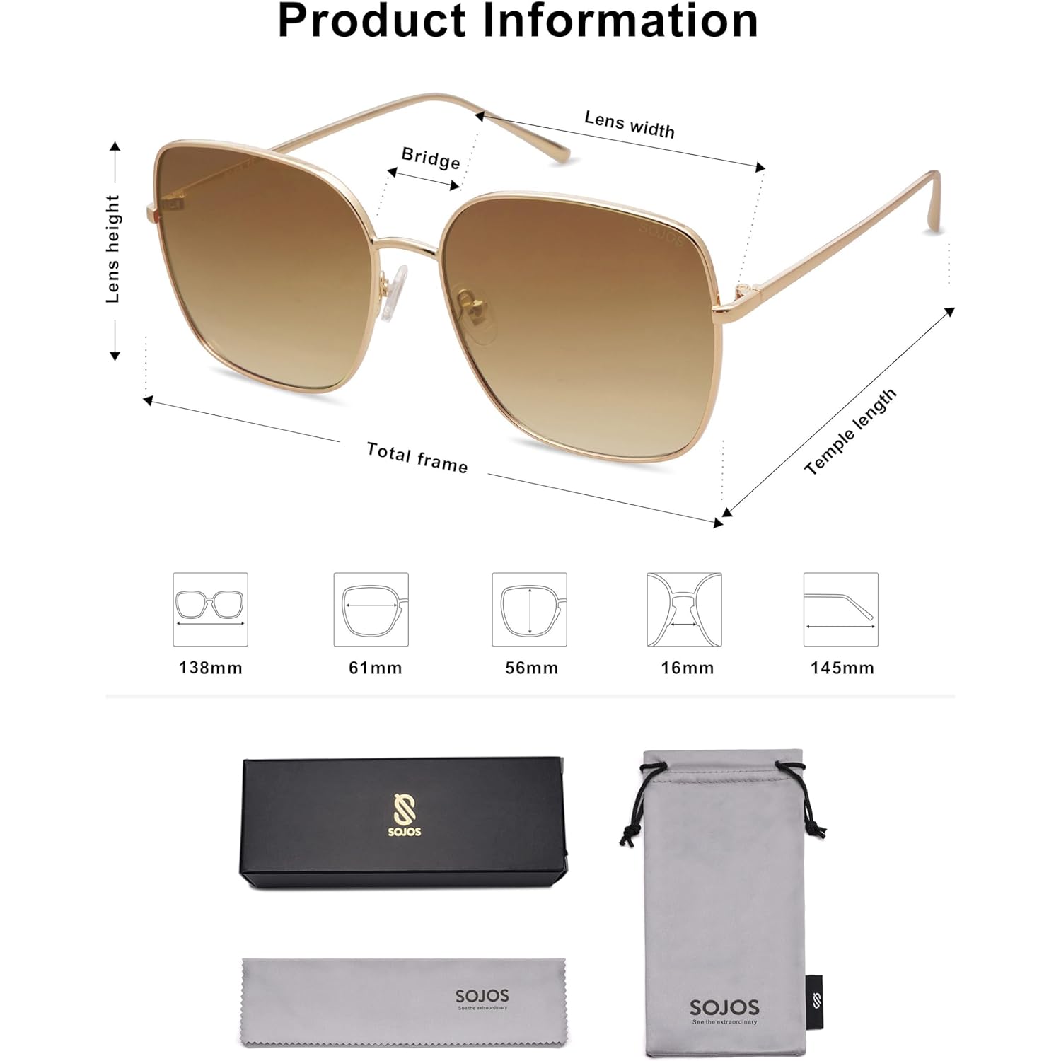 SOJOS Trendy Oversized Square Metal Frame Sunglasses for Women Men Retro Big Flat Lens UV Protection Sunglasses SJ1146