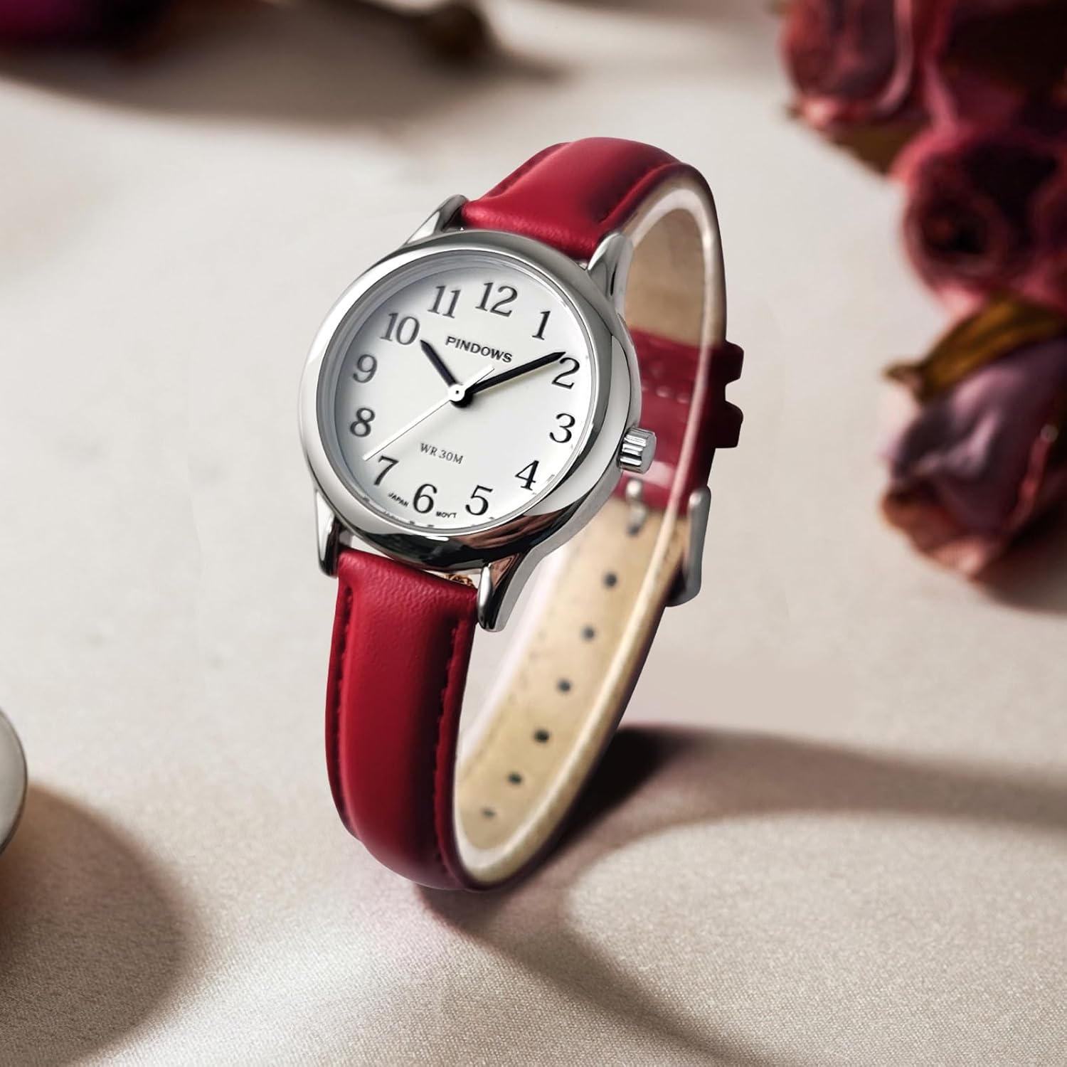 PINDOWS Minimalist Watches for Women, Gold-Tone Case with Black Leather Strap, Fashionable, Everyday Elegant Quartz Analog Dress Watch