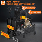 3 In 1 Wagons Carts Foldable With 360Lbs Capacity, 120L Heavy Duty Collapsible Wagon, Utility Wagon Cart With Wheels For Grocery, Camping, Shopping, Beach, Garden Black