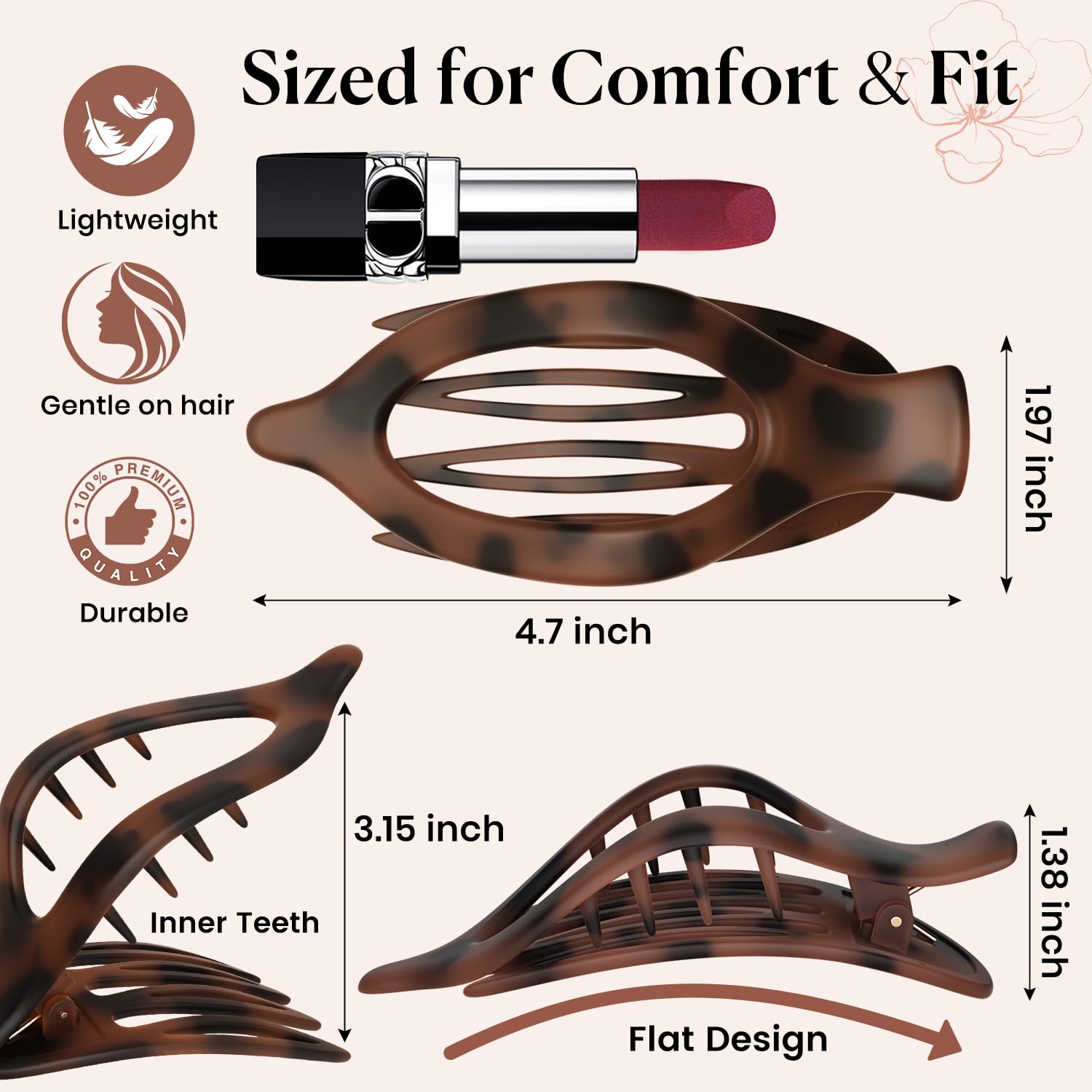 6 Pcs Flat Hair Clips For Women - French Concord Large Flat Claw Clips For Thick Thin Hair, Comfortable Curved Lay Down Duckbill Clips, Matte Non-Slip Strong Hold Hair Accessories, Tortoise & Black