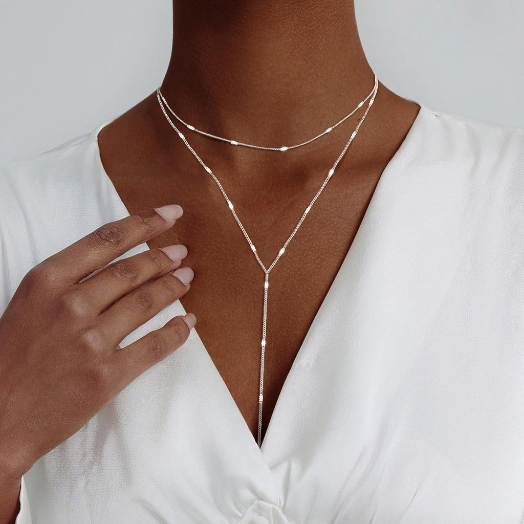 Luxval Lariat Silver Necklace for Women, Dainty Long Necklace Silver Y-Shaped Pendant Necklaces Trendy Beaded Chain Drop Necklaces Jewelry for Women Gifts