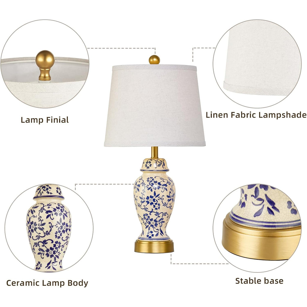 Chinoiserie Ceramic Table Lamps Set Of 2 For Living Room Bedroom Bedside, Traditional Blue Porcelain Classic Table Lamp For Nightstand Entryway, 2 Led Bulbs Included (Gold)