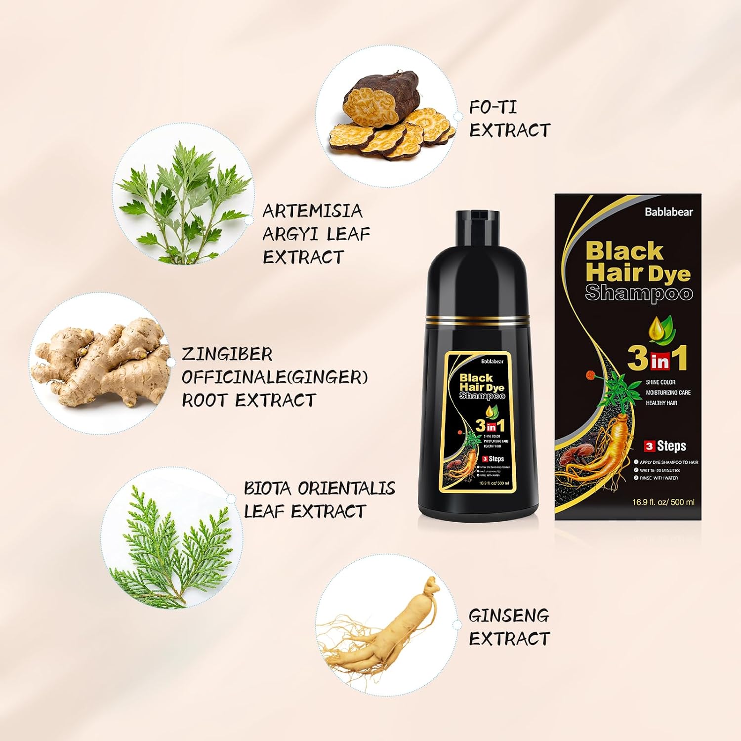 Bablabear Black Hair Dye Shampoo For Gray Hair,Hair Color Shampoo For Women And Men, Grey Coverage.500Ml