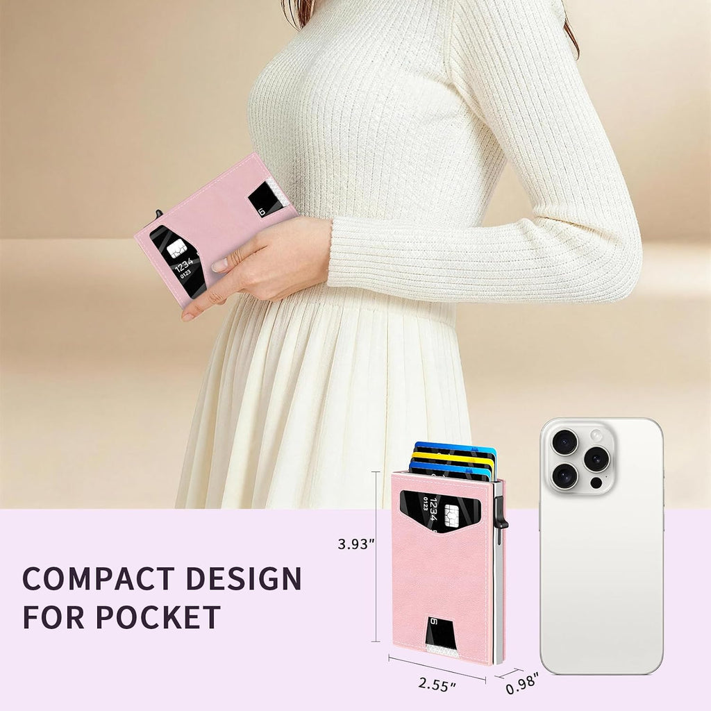 Rfid Wallet Women: Stylish Security Metal Wallet For 10-12 Cards & 2 Id Windows - Smart Pop-Up Credit Card Holder & Cash Slot In Compact Trifold Design,Gift For Her(Pink)