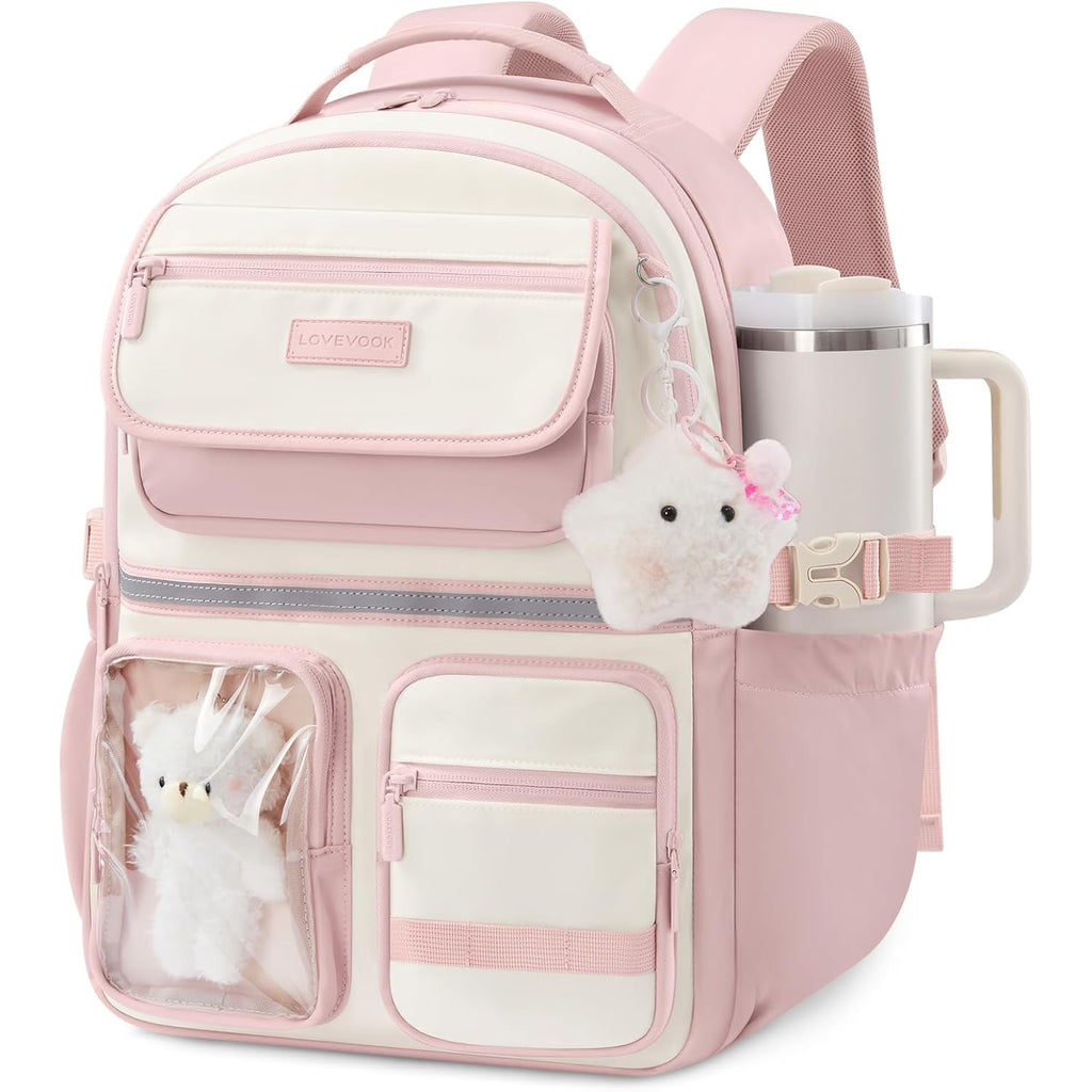 Lovevook School Backpack For Girls, Cute Bookbag For Teen 8-16, Diy Friendly 15.6" Laptop Backpack For Middle High College Student Back To School, Bag With Water Bottle Pocket For Travel, Pink