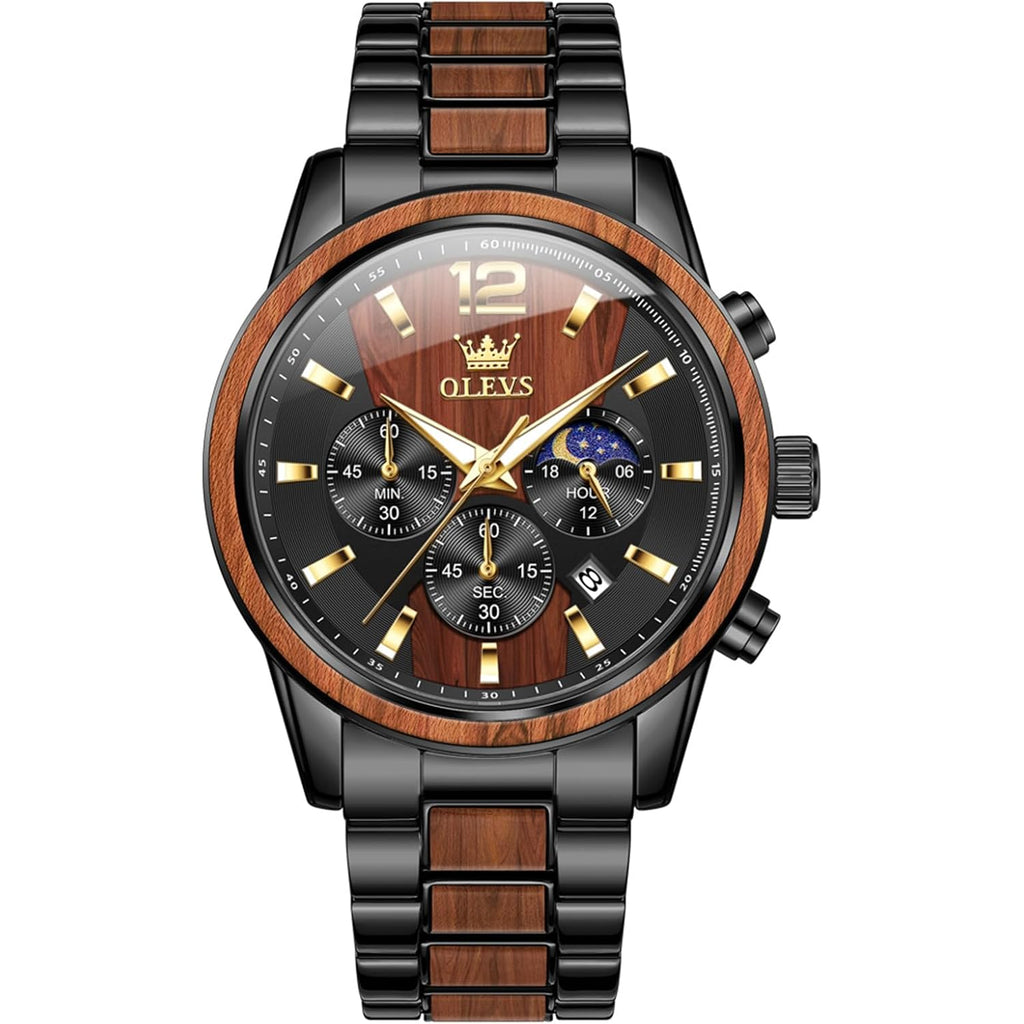 Olevs Men Analog Quartz Waterproof Watches Multifunction Chronograph Diamond Moon Phase Luminous Silicone Band Wrist Watches