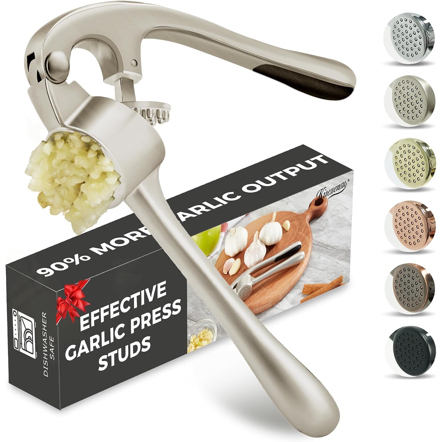 Kitessensu High Effective Garlic Press With Studs, Heavy Duty Garlic Mincer, Easy To Squeeze And Clean, Rust Proof, Ginger Crusher- Imperial Silver