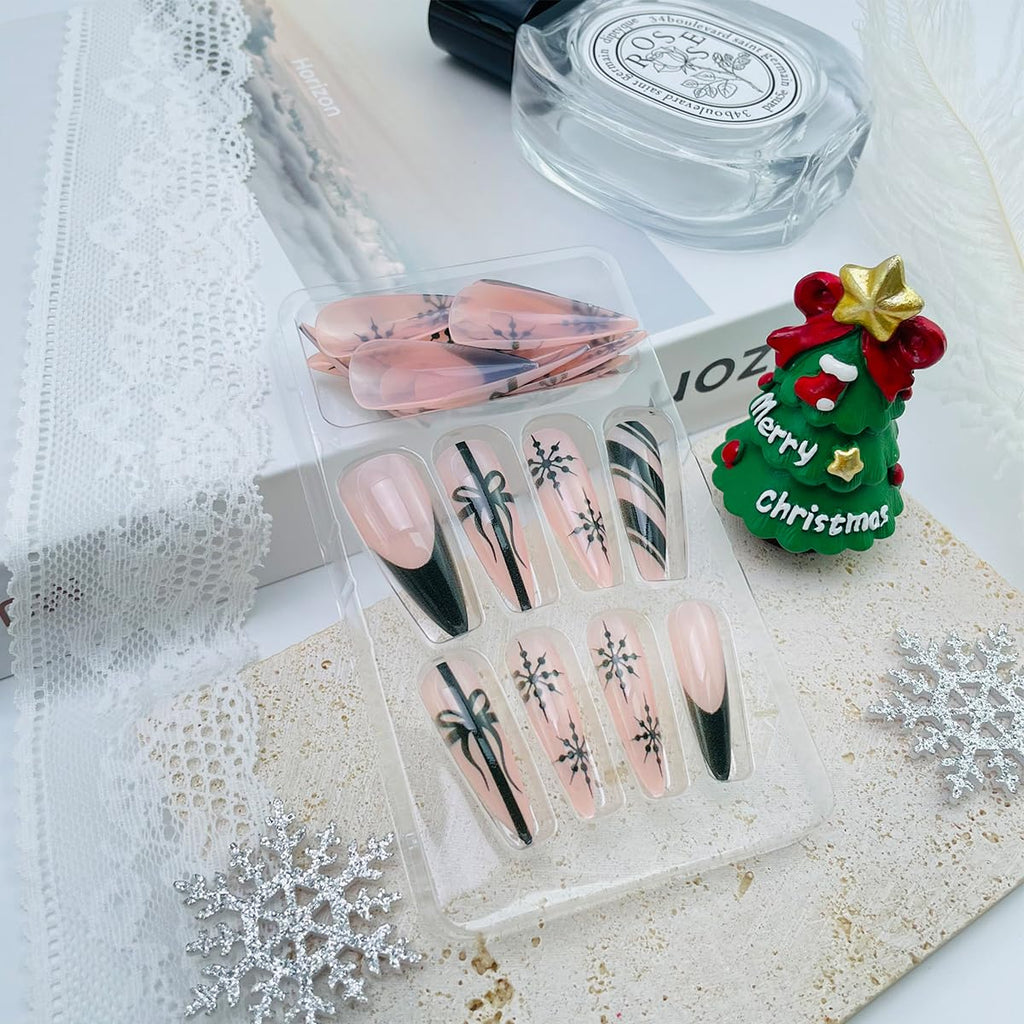 24Pcs Christmas Press on Nails Long Almond French Tip Fake Nails with Black Stripes Christmas Gifts Design Snowflake False Nails Winter Holiday Stick on Nails for Women DIy Acrylic Manicure Decoration