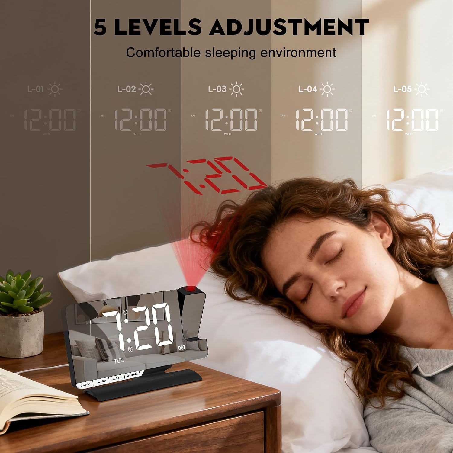 Digital Clock,Alarm Clock Bedside With Projection,7.3" Mirror Clock With 180°Rotating Projector,Dual Alarm With 3 Mode,Brightnee Adjust,Dst,Snooze,Charging Port,5 Levels Volume For Desk Teens