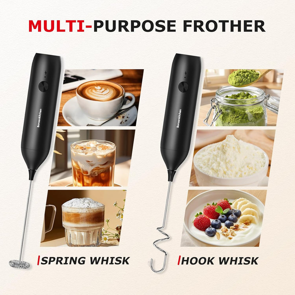 Bonsenkitchen Rechargeable Milk Frother Handheld, Electric Foam Maker With Stainless Steel Whisk, Charging Usb-C, Portable Hand Wand Drink Mixer For Coffee Matcha Lattes Cappuccino, Kitchen Gifts
