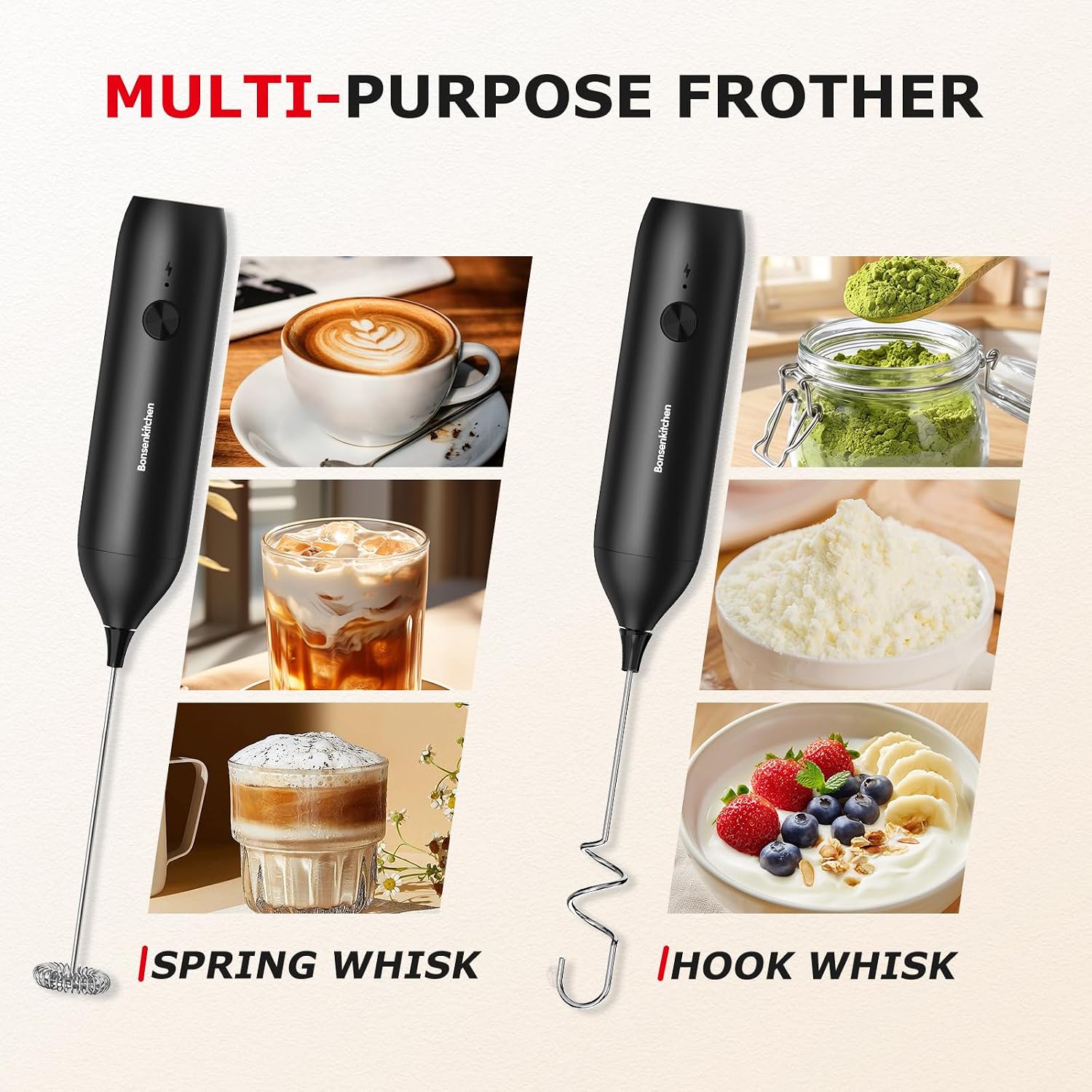 Bonsenkitchen Rechargeable Milk Frother Handheld, Electric Foam Maker With Stainless Steel Whisk, Charging Usb-C, Portable Hand Wand Drink Mixer For Coffee Matcha Lattes Cappuccino, Kitchen Gifts