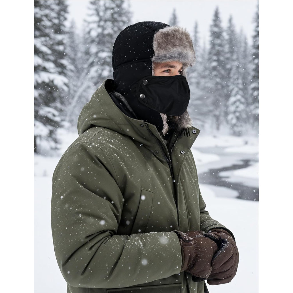 Buauty Fur Trapper Hat for Men Women Winter Windproof Soft Russian Ushanka Hats with Warm Ear Flaps & Removable Mask