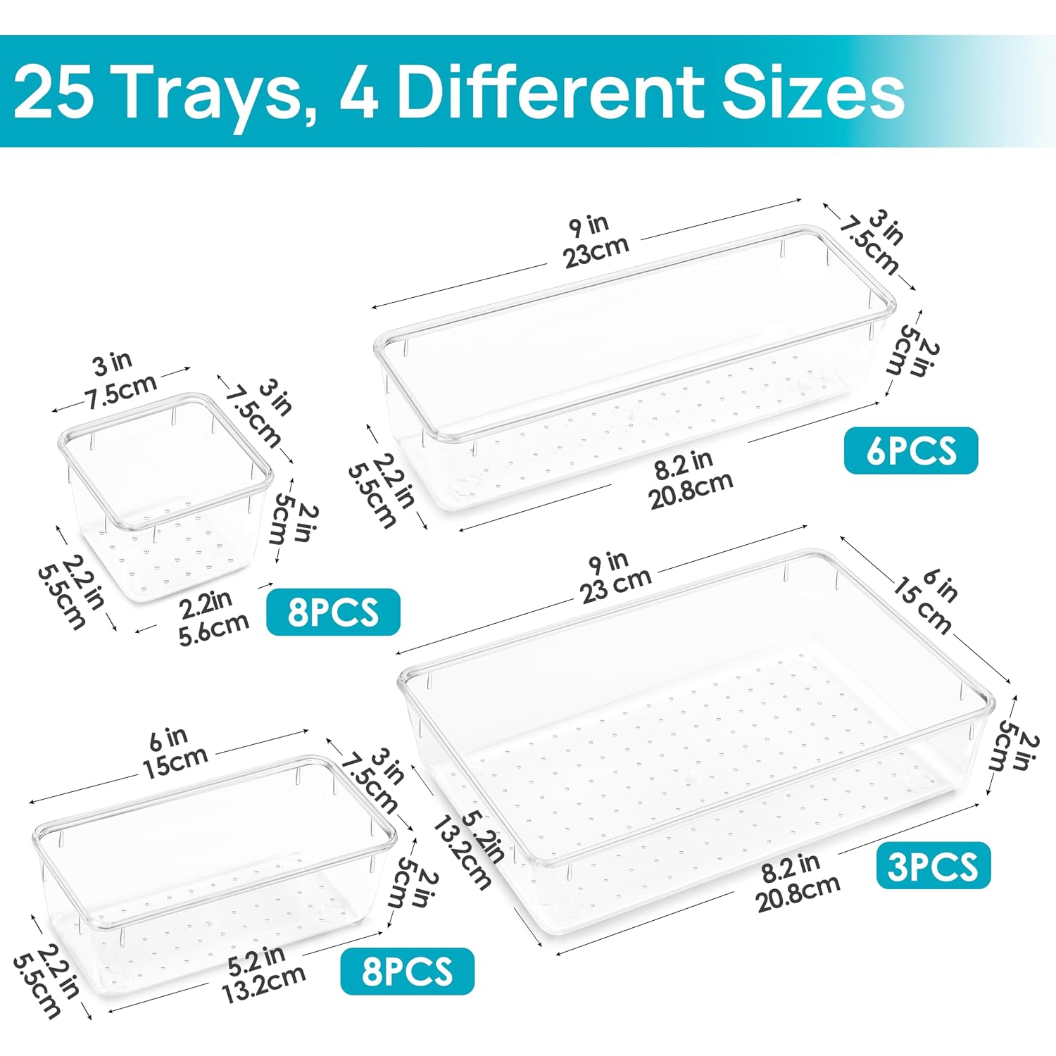 Vtopmart 25 Pcs Clear Plastic Drawer Organizers Set, 4-Size Versatile Bathroom And Vanity Drawer Organizer Trays, Storage Bins For Makeup, Bedroom, Kitchen Gadgets Utensils And Office