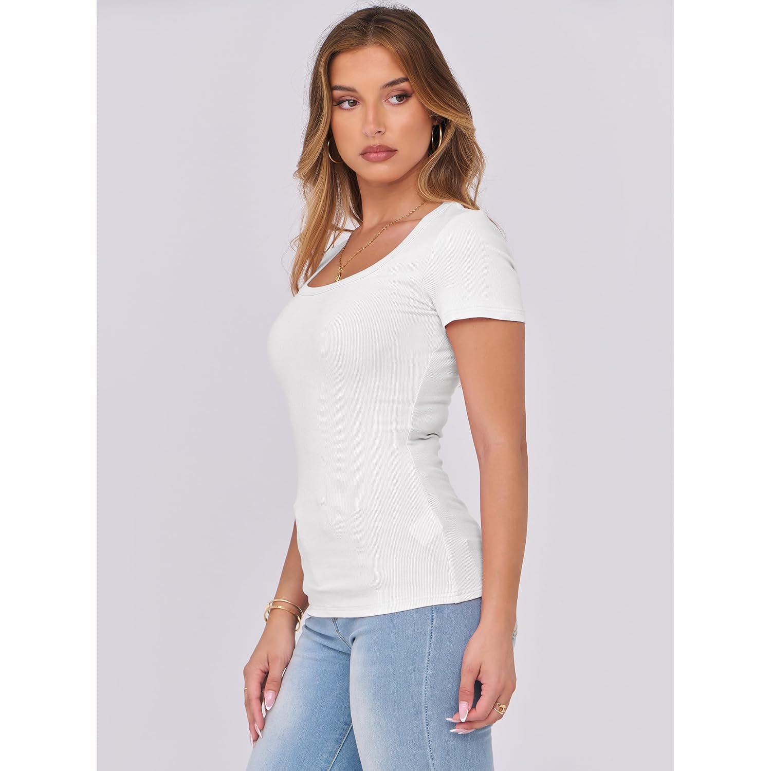 Women Short Sleeve Tops Scoop Neck Ribbed Knit Slim Fitted Basic Tee Shirt Casual Summer Clothes 2026 Spring Outfits