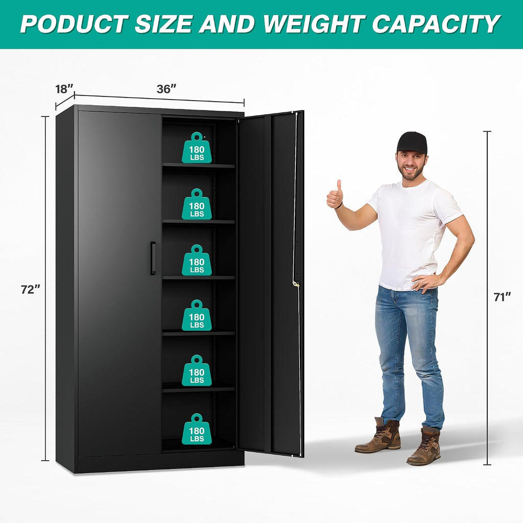 Wide & Deep Metal Storage Cabinet With 2 Doors And 5 Adjustable Shelves,72X36X18 Garage Storage Cabinet,Tall Black Locking Metal Cabinets With Lock,Steel Locked Cabinets For Home,Office,Garage